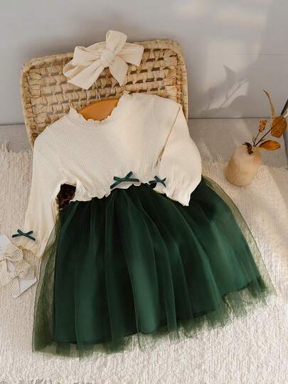 SHEIN Ribbad klänning med rund halsringning, puffärm, rosett i midjan och volangkant, för babyflickor, höst-/Halloween-tillfällen