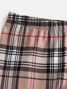 少女休闲针织熊印花长袖上衣和格子图案打底裤套装，学院风 - 卡其色 - 查看 7