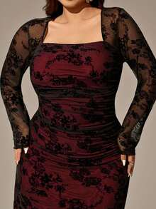 Auralis 女士秋冬新款天鹅绒提花镂空网眼浪漫约会度假长袖蕾丝长裙/褶饰紧身修身喇叭裙大码连衣裙/黑红深色优雅礼服 - 彩色 - 查看 7