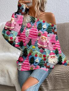 EMERY ROSE 女士休闲露肩毛衣，适合秋冬季，圣诞节，圣诞老人印花 - 彩色 - 查看 3