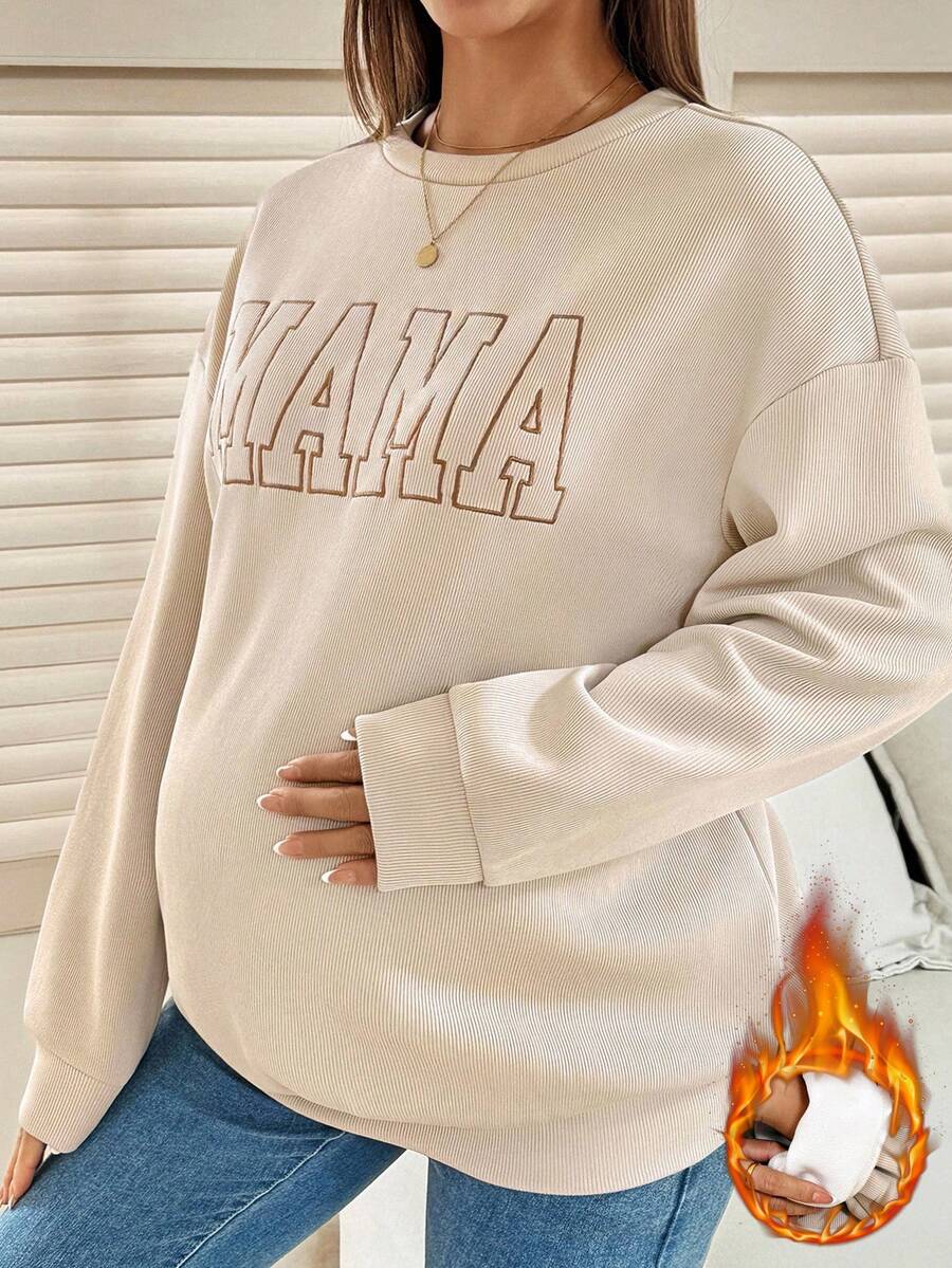 SHEIN Maternity Casual Letter Embroidery Fleece Sweatshirt, Autumn/Winter Sweatshirt For Women Embroidered Sweatshirt Mama Sweatshirt Oversized Sweatshirt Woman Women Sweatshirt