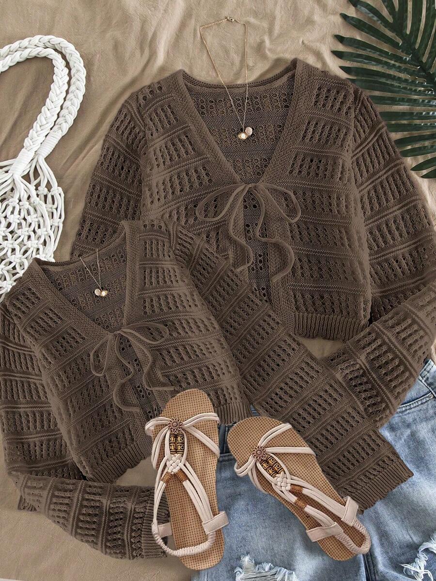 SHEIN Tween Girl Hollow Knit Cardigan, Suitable For Casual Outings, Beach Vacations, Parties And More, Comfortable Versatile Soft - Multicolor - View 1