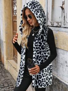 SHEIN Clasi Women's Front Open Hooded Leopard Print Faux Fur Vest - Grey - View 1