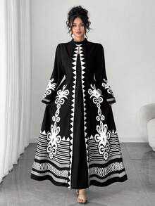 Elenzga Váy Maxi Dài Ôm Dáng Họa Tiết Hoa Cổ Điển Cỡ Lớn, Váy Maxi In Hình Hình Học Thanh Lịch Cỡ Lớn, Phù Hợp Cho Nữ Mặc Đi Làm Vào Mùa Thu - màu đen - Xem 1