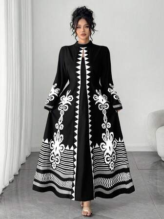 Elenzga 大码复古花卉印花长款修身休闲超长连衣裙，大码优雅几何印花超长连衣裙，适合女性秋季办公室穿着