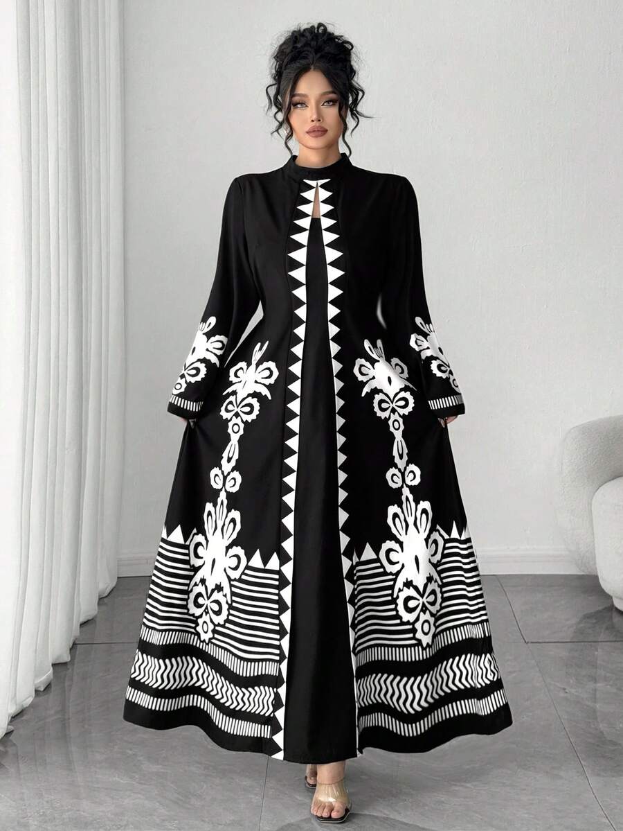 Elenzga Váy Maxi Dài Ôm Dáng Họa Tiết Hoa Cổ Điển Cỡ Lớn, Váy Maxi In Hình Hình Học Thanh Lịch Cỡ Lớn, Phù Hợp Cho Nữ Mặc Đi Làm Vào Mùa Thu - màu đen - Xem 1