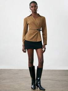 Aveloria Modichic Chemise à manches longues vintage, col cranté, décorative  synthétique, mode minimaliste élégante, ceinturant la taille - Kaki - Voir 5