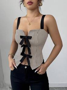 Selianne Women's Elegant Bowknot Houndstooth Cinched Waist Short Camisole, Spring/Summer
