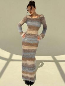 Aloruh Rochie lungă tricotată cu dungi, stil vintage, versatilă, toamnă/iarnă, pentru femei, sexy, cu spate deschis, mânecă lungă, ajustată