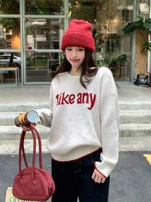 DAZY 女士圆领字母图案长袖毛衣 - 杏色 - 查看 2