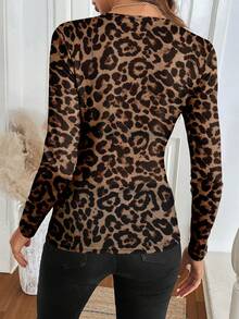 Easowa Blusa de cuello redondo con estampado de leopardo vintage, de tela de malla ajustada, casual y elegante para uso diario, para otoño/invierno - Multicolor - Ver 2