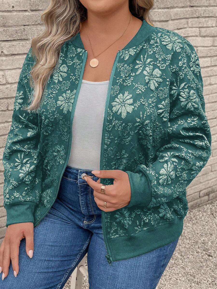 EMERY ROSE Women's Plus Size Dark Green Floral Textured Zip-Up Bomber Jacket,Long Sleeve Casual Cardigan Blazer For Autumn,Hiking,Summer - Green - View 1