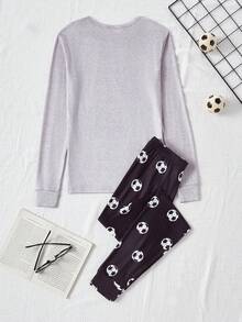 2pieces  Teenager Boys ,Men's Trending Soccer Element Pattern Snug Fit Crew Neck Long Sleeve & Long Pants Pajama Set, Grey & Black Main Colors, Made Of High Stretch Fabric, Minimalist & Versatile For Casual Loungewear , Cozy Fall & Winter Styles Clothes ,Best Christmas Gifts For Kids ,Comfortable And Soft Linger - Grey - View 2
