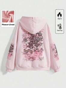 ROMWE Grunge Punk Sudadera con cuello redondo con adorno de flores de rosa vintage, hojas y corazón con strass, para otoño/invierno