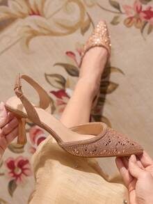 CUCCOO TILAWA Pointed Toe Rhinestone Embellished High Heel Shoes, Luxury Bridal Pumps - Champagne - View 3