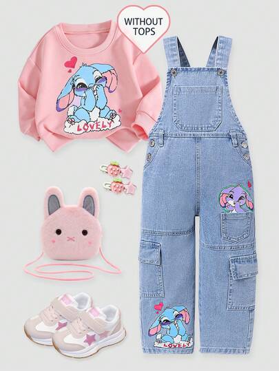 Young Girls' Rabbit Print Denim Bib Overalls, Vintage Street Chic Sweet Fashion Casual Campus Daily Outfit! The Blue + Purple Rabbit Print Is Cute And Playful, The Multi-Pocket Design Is Sweet And Fashionable! The Light Blue Washed, Loose-Fitting Bib Pants Are Comfortable For Daily Shopping, Vacation, Campus Life, Or Hanging Out With Friends. It Is A Versatile Fashion Piece That Can Be Worn All Year Round!