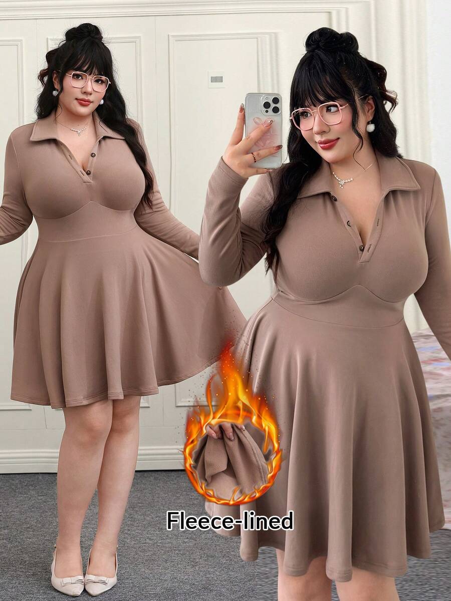 SHEIN EZwear 大码V领百褶连衣裙,纯色天鹅绒面料,修身腰部设计,适合秋冬季 - 駝色 - 查看 1