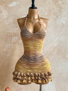 Soleia 度假露肩荷叶边渐变针织女式连衣裙，波西米亚风，度假风，钩针编织，亚麻，纹理 - 彩色 - 查看 3