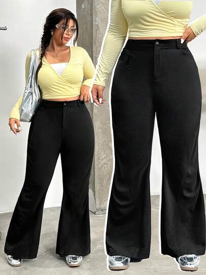 SHEIN EZwear 秋冬大码黑色褶皱喇叭裤