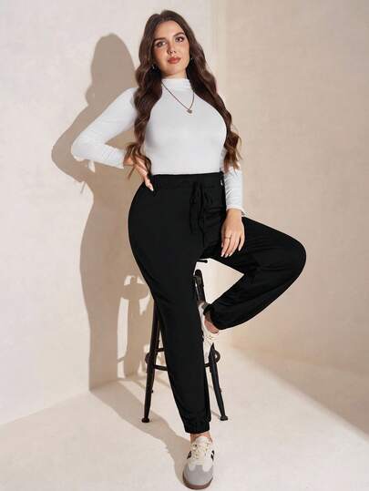 SHEIN LUNE Pantalones jogger casuales de talla grande para mujer con cintura con volantes y cordón en unicolor