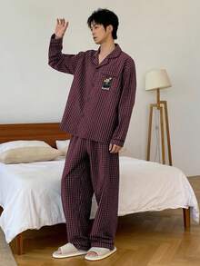 DAZY 男士秋季小熊刺绣格子衬衫和裤子睡衣套装 - 紅色 - 查看 3