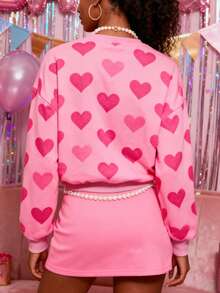 Rovax Women's Heart Print Casual Drop Shoulder Long Sleeve Sweatshirt, Suitable For Autumn/Winter, Outdoor, Festivals, Street, Valentine's Day Gift, Women's Gift, Sibling Gift, Sister Gift, Retro