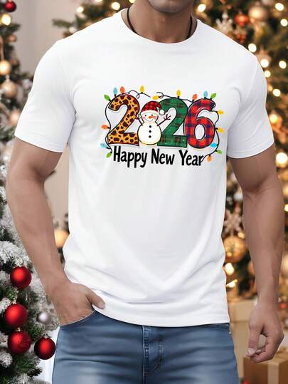 Manfinity Homme 2026 Neujahr Fröhliche Weihnachten süßer Schneemann Grafik-Muster Slim Fit Kurzarm T-Shirt, gemütliche Familien-Atmosphäre passende Outfits für Eltern und Kinder