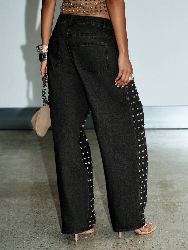 KIZN Studded Pyramid Spike Denim Jeans With Metal Hardware