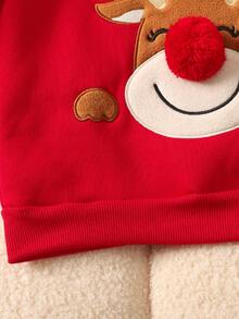 SHEIN 2件套男童休闲可爱卡通小鹿刺绣图案保暖内衬圆领卫衣和抽绳长裤针织套装，适合上学、花园、圣诞节、新年等各种场合，四季皆宜。 - 紅色 - 查看 11
