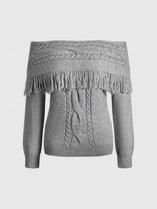 ROMWE Women's Fringe Twisted Off Shoulder Lantern Sleeve Sweater And Super Low-Waist Mini Shorts 2 Pieces Set - Grey - View 3