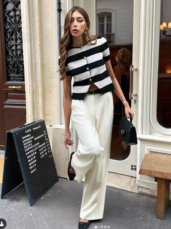 SHEIN Frenchy Women's Contrast Stripe Button Front Short Sleeve Knit Top Summer