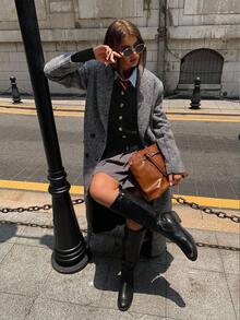 Maija 女士秋冬金属纽扣装饰宽松针织开衫，适合城市通勤、商务休闲、办公室穿着，优雅适合派对和聚会 - 黑色 - 查看 4