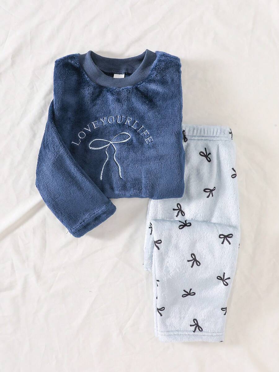 女婴蓝色长袖上衣和裤子两件套，刺绣蝴蝶结设计，舒适时尚休闲家居服，冬季 - 藍色 - 查看 1