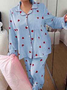 SHEIN 加大码粉色条纹爱心睡衣套装，秋冬服装 - 藍色 - 查看 4