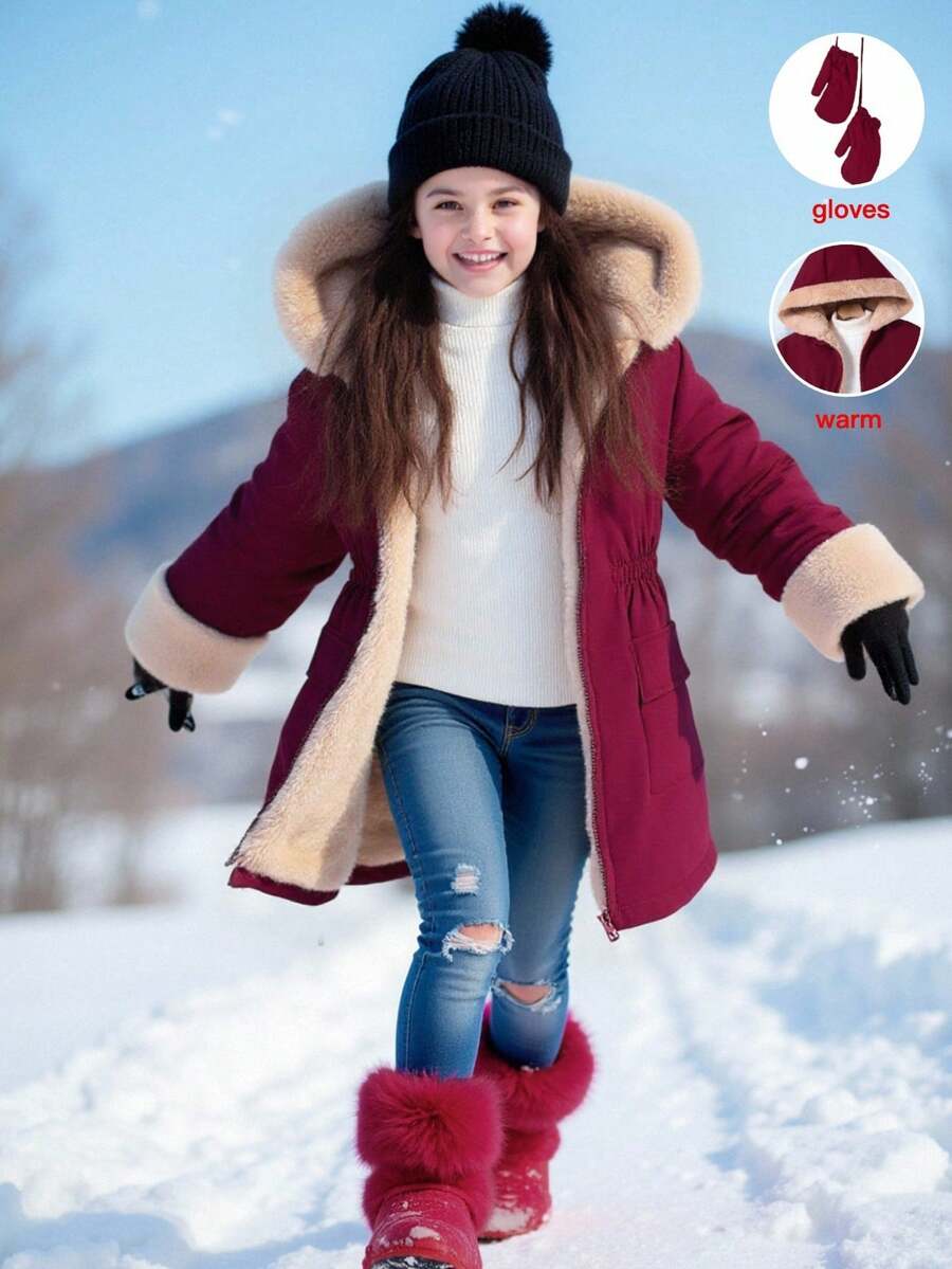 SHEIN Tween Girls' Casual All-Match Versatile Daily School Autumn/Winter Warm Khaki Faux Fur Lining Patchwork Black Padded Coat, With Gloves - Burgundy - View 1