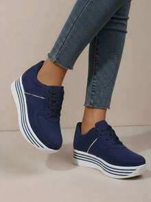 Zapatillas casuales para mujer, plataforma cómoda, punta redonda, cordones clásicos, estilo minimalista, uso diario, zapatos de moda - Azul Marino - Ver 2