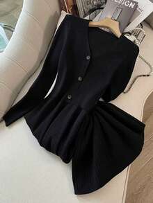 GlowEve Women's Simple V-Neck Fitted Long Dress, Solid Color, Suitable For Daily Commute, Spring/Autumn