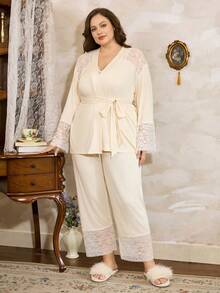 Côtesoire 3pcs Plus Size Women Lace Patchwork Short Robe, Camisole Top & Pants Sleepwear Pajama Set, Winter Clothes - Apricot - View 6