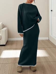 EURMUSE Women Stitch Detailed Round Neck Drop Shoulder Pullover & Sweater Skirt Set - Dark Green - View 3