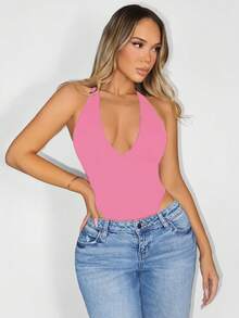 Sirith Seamless Knit Deep V-Neck Bodysuit - Pink - View 3