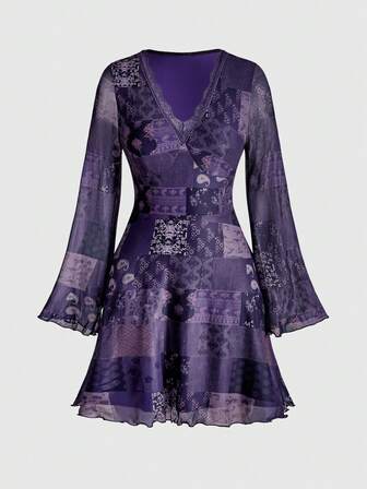 Hippie Vestido casual retro de manga acampanada con estampado de patchwork