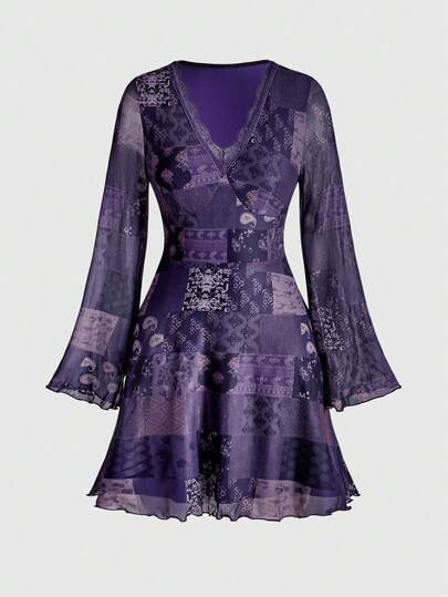 Hippie فستان كاجوال بأكمام واسعة مطبوع بطريقة الرقعة الرجعية