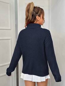 SHEIN EZwear Áo len cổ lọ màu xanh navy thường ngày hở vai cho nữ, Thu/Đông - Màu xanh hải quân - Xem 2