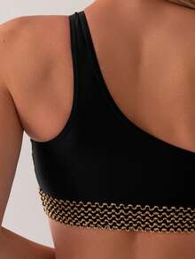 SHEIN Swim Frauen Sommer Strand Ein-Schulter Bikini-Top mit Ring-Details - Schwarz - Übersicht 4