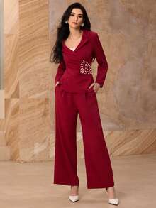 Modelyn 两件套女士V领不对称腰部褶皱设计套装 - 紅色 - 查看 3