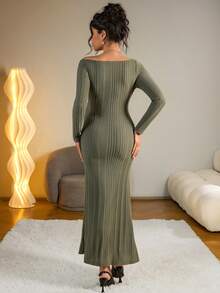 SHEIN Elegant Off Shoulder Ruffle Maternity Dress, Suitable For Party - Army Green - View 2