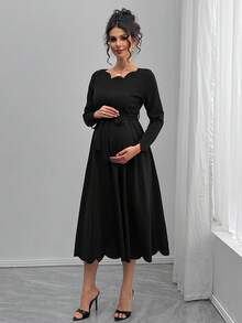 Momance Maternity Shell Trim Round Neck Long Sleeve Casual Solid Color Dress - Black - View 4