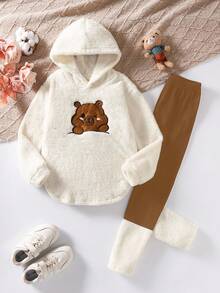 SHEIN Sparklyn 少女休闲百搭卡通水豚刺绣连帽宽松抓绒卫衣+打底裤秋冬套装 - 米色 - 查看 1
