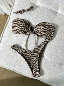 Swim Vcay Women's Sexy Zebra Print Halter Tie Front Bikini Swimsuit Set, Summer Beach - Apricot - View 3
