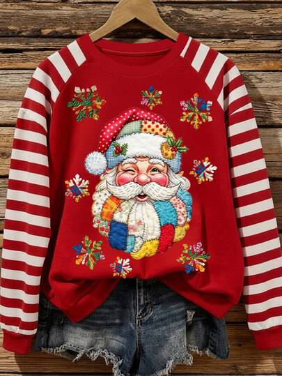 EMERY ROSE Sudadera de manga larga con estampado de Papá Noel a rayas rojas de moda casual para mujer, adecuada para otoño/invierno, Navidad, Año Nuevo, fiestas